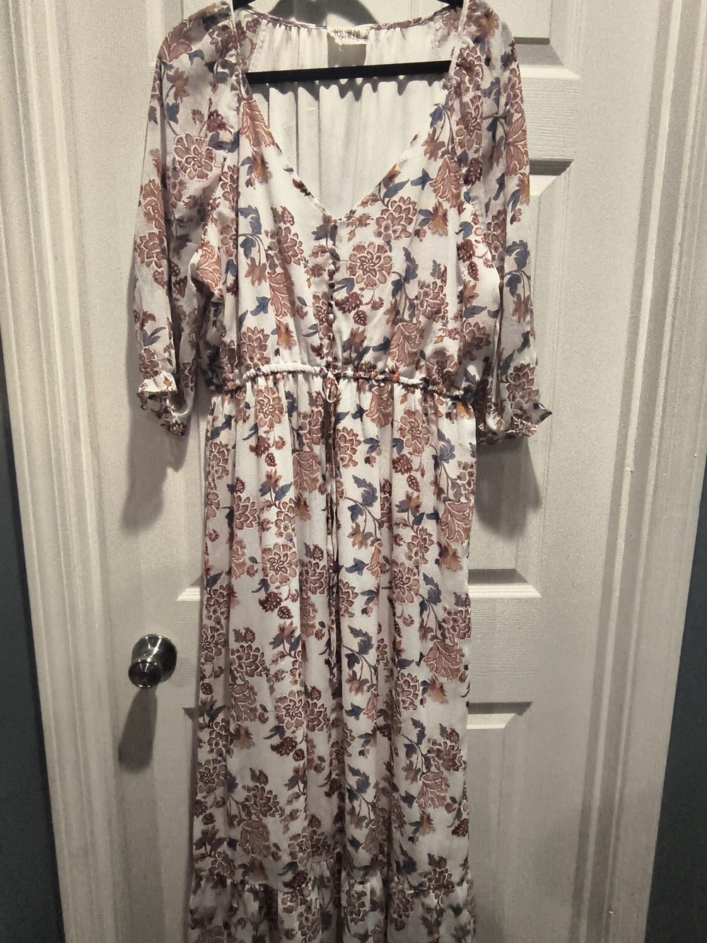 Floral V-Neck Maxi Dress - White with Rust, Pink & Blue Floral